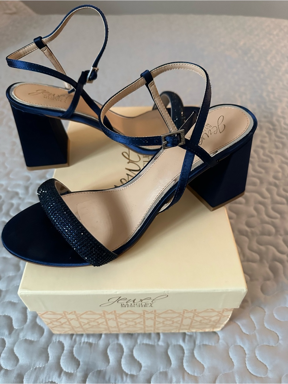 Badgley Mischka Navy Satin Block Heel Sandals with Crystal Strap